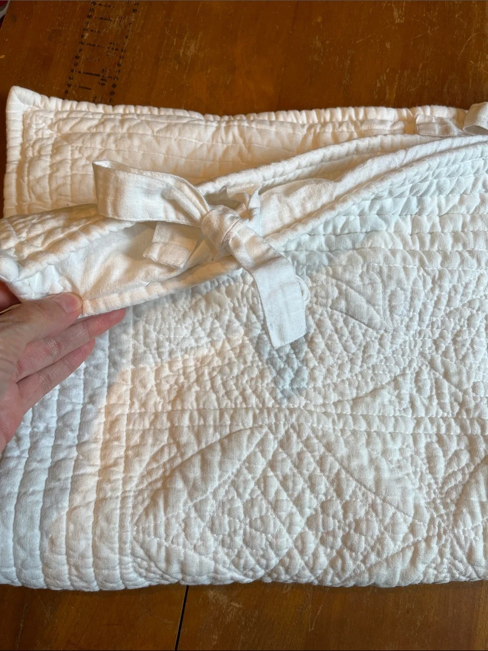 POTTERY BARN *Standard* White Quilted Linen Tie Pillow Sham